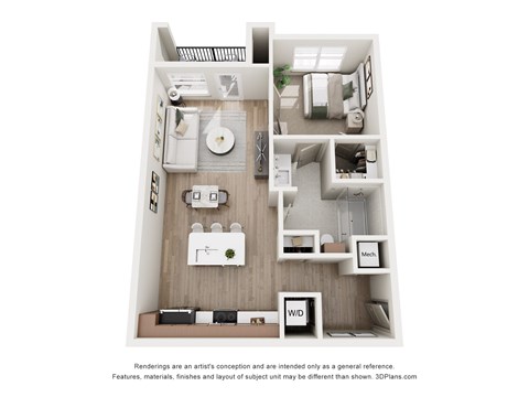 Floor plan for 1 bed, 1 bath, 699 sqft